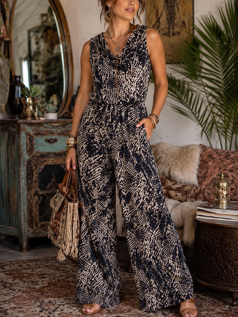 Vince Camuto Snake Print Drape Neck Wide Leg Eclectic Chic Jumpsuit Size M